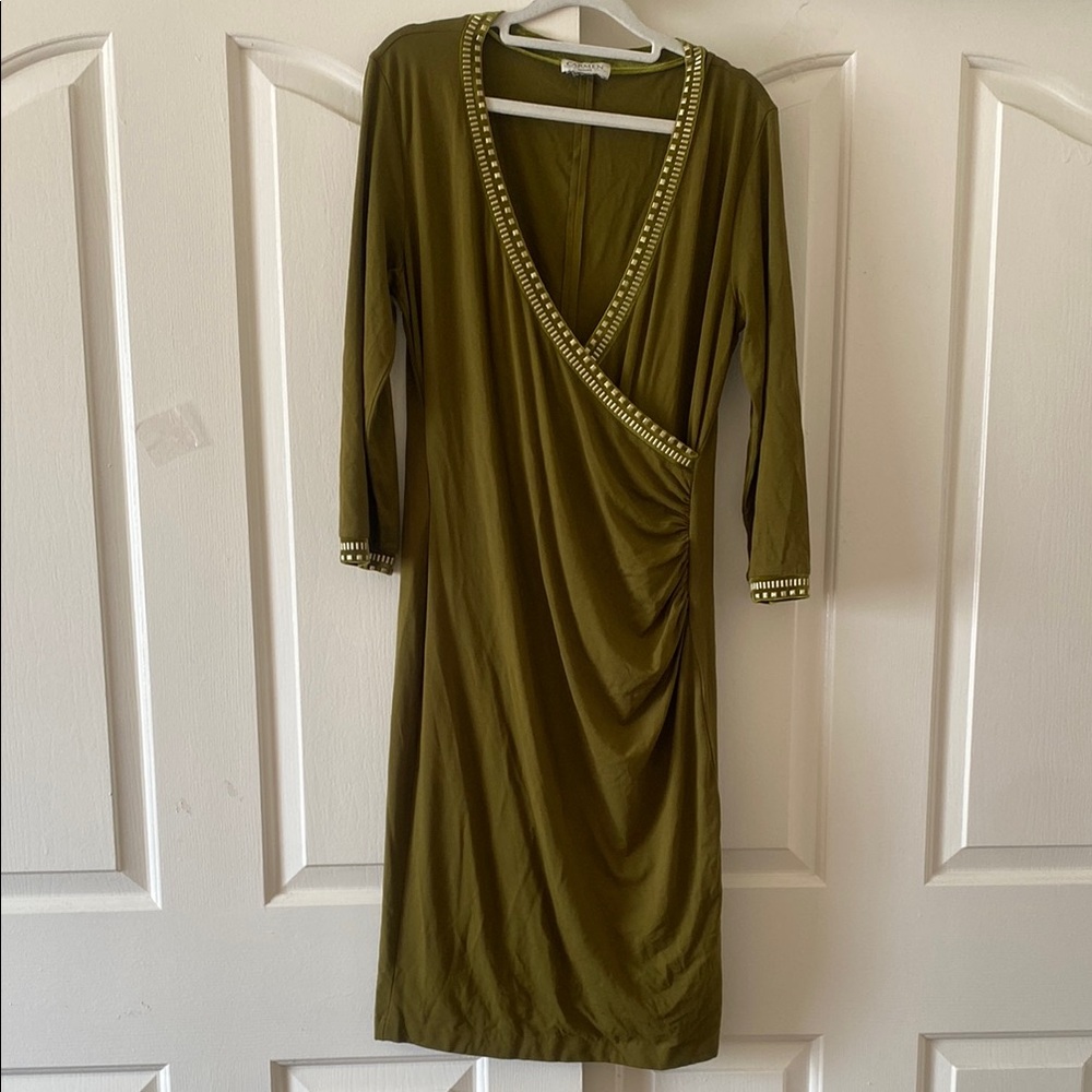 CARMEN  MARC VALVO Elegant Olive Green Wrap Dress. Size 8